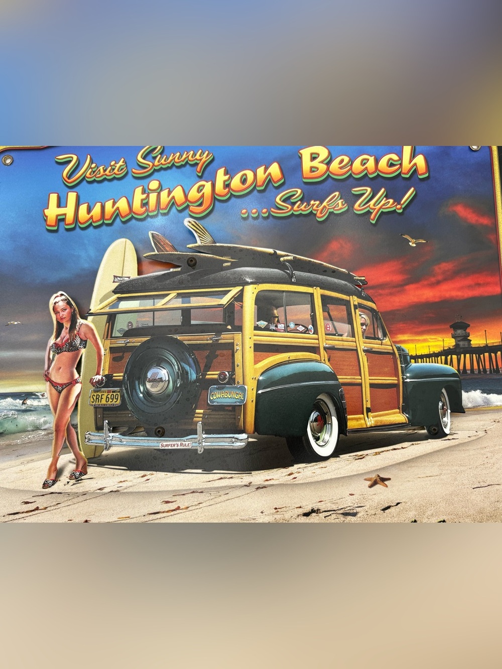 3-D Visit Sunny Huntington Beach Surfs Up Metal Sign - Woody Surfboard Art Print - Picture 4 of 11